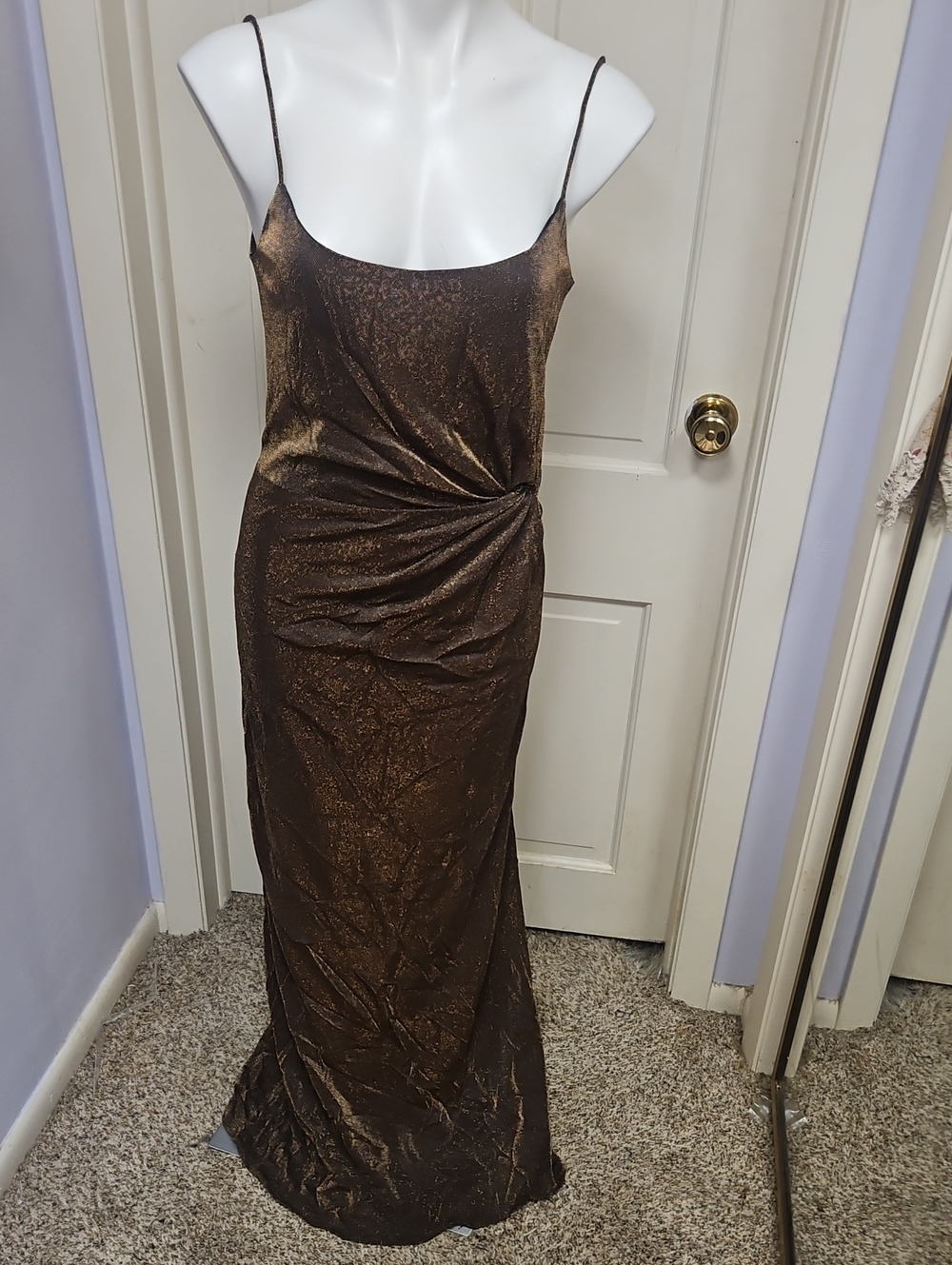 Vintage 90s Elegant Copper Glitter Sparkle Metallic Slip Gown Dress Side Twist